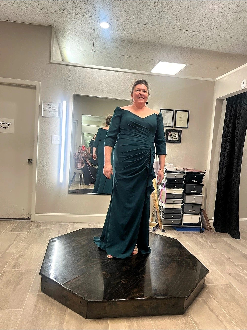 Green Off-Shoulder A-line formal Dress Like New